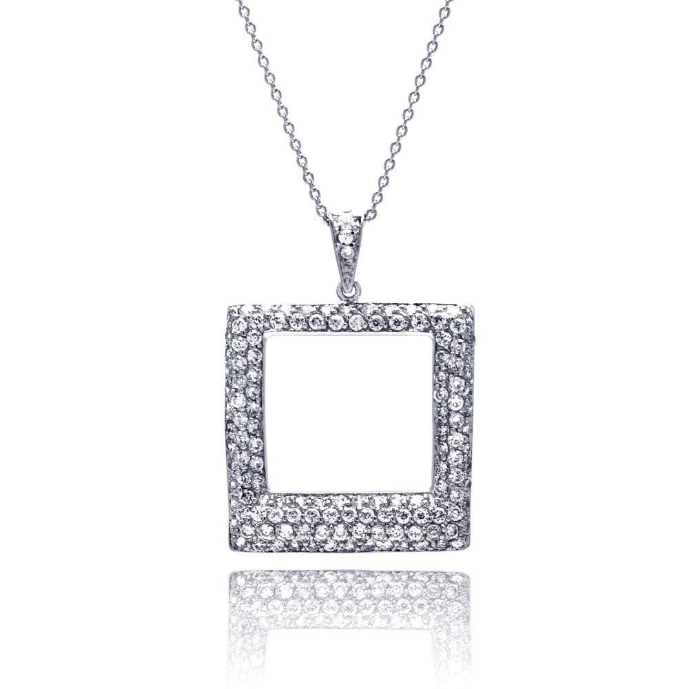 Silver 925 Clear CZ Rhodium Plated Open Square Pendant Necklace