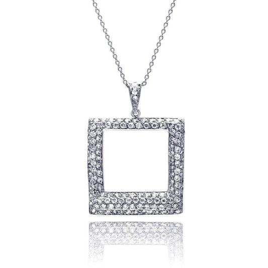 Silver 925 Clear CZ Rhodium Plated Open Square Pendant Necklace