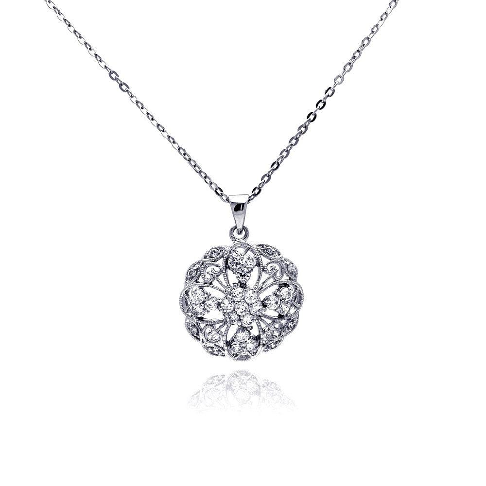 Silver 925 Clear CZ Rhodium Plated Filigree Pendant Necklace