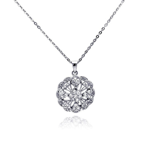 Silver 925 Clear CZ Rhodium Plated Filigree Pendant Necklace