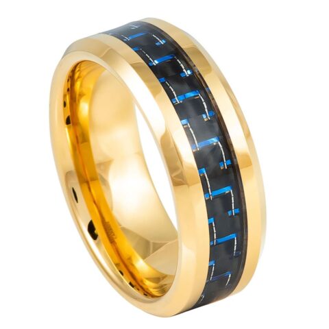 Tungsten Ring Yellow Gold Plated High Polish with Blue & Black Carbon Fiber Inlay Beveled Edge