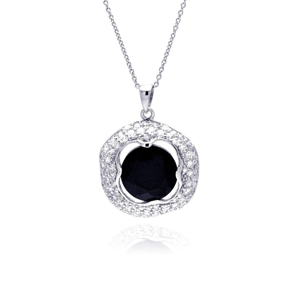 Silver 925 Rhodium Plated Clear CZ and Onyx Pendant Necklace