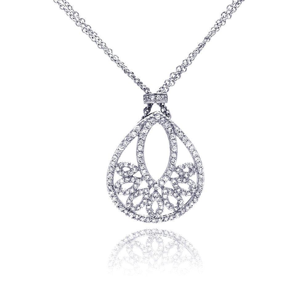 Silver 925 Rhodium Plated Clear CZ Drop Shape Pendant Necklace