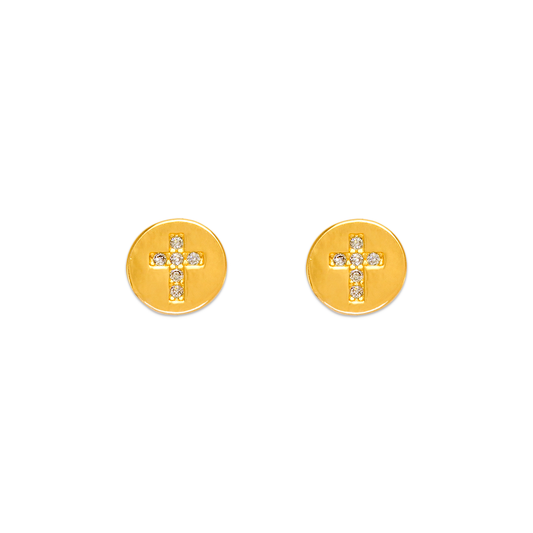 Coin Cross CZ Stud Earrings