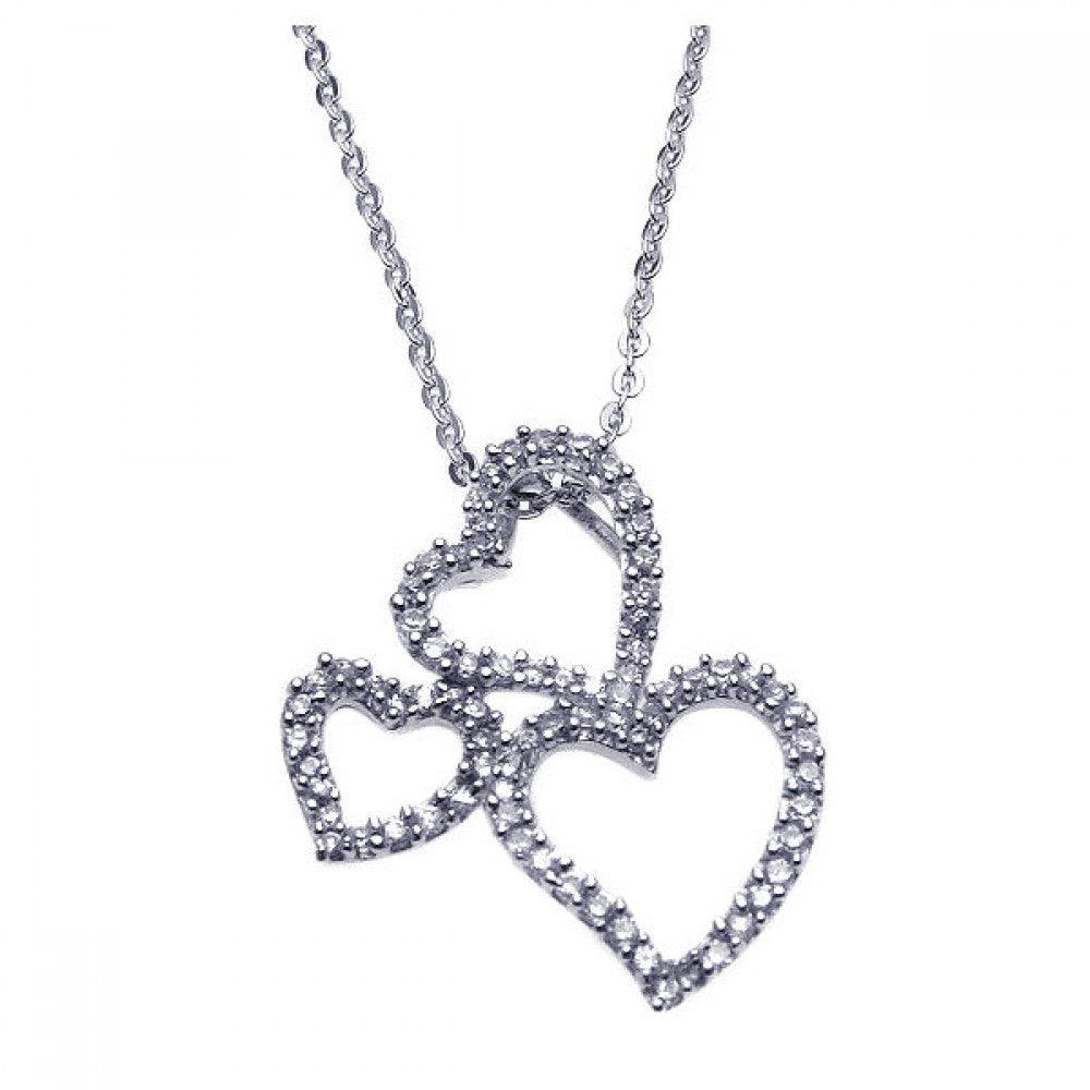 Silver 925 Rhodium Multiple Graduated Open Heart CZ Necklace