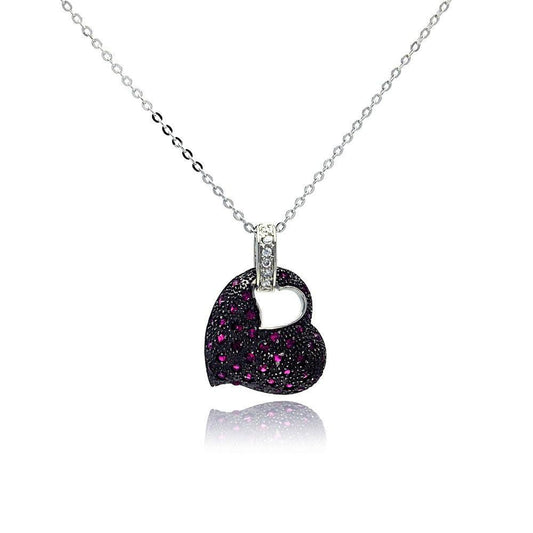 Silver 925 Purple CZ Black Rhodium Plated Heart Pendant Necklace