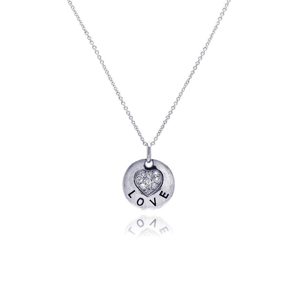 Silver 925 Rhodium Plated Clear CZ Love Round Pendant Necklace