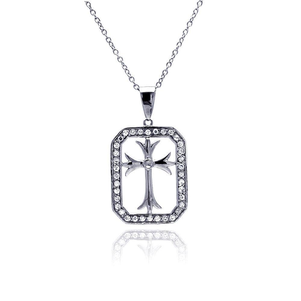 Silver 925 Rhodium Plated Clear CZ Cross Necklace