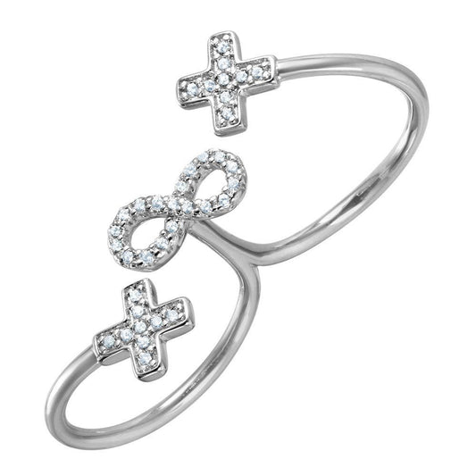 Silver 925 Rhodium Plated Crosses and Infinity CZ Two-Finger Open Ring