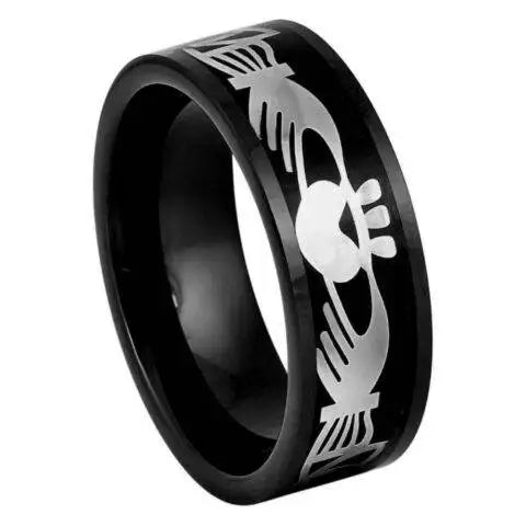 Black IP Plated Ring Cut out Claddagh Inlay