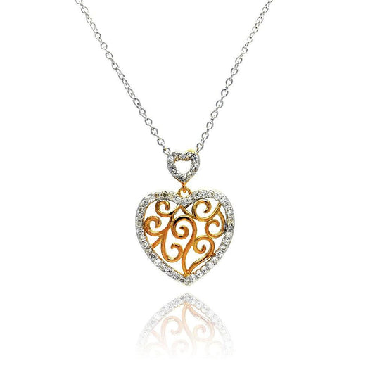 Silver 925 Clear CZ Rhodium Plated Heart Cutout Accent Pendant Necklace