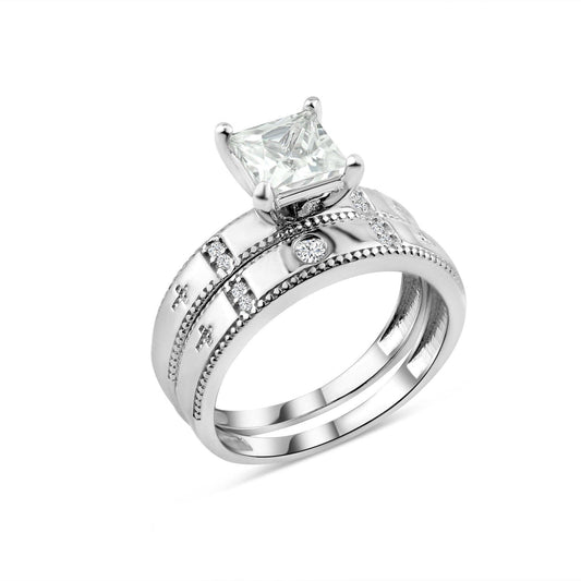 Rhodium Plated 925 Sterling Silver Square CZ Cross Shank Design Ring