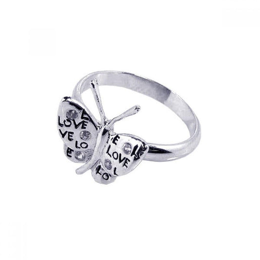 Silver 925 Rhodium Plated CZ Love Butterfly Ring