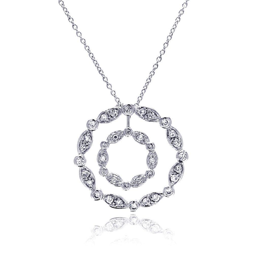 Silver 925 Clear CZ Rhodium Plated Double Circle Pendant Necklace