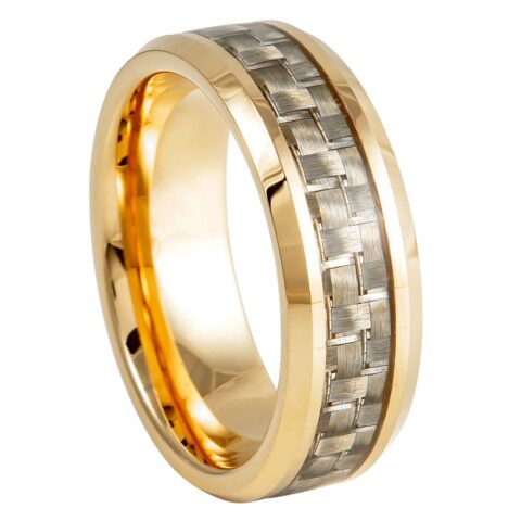 Tungsten Ring Yellow Gold Tone IP Plated High Polished with Golden Carbon Fiber Inlay Beveled Edge