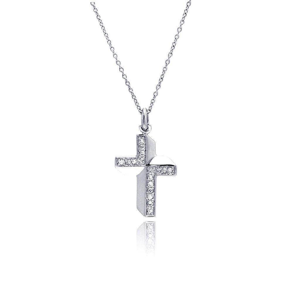 Silver 925 Clear CZ Rhodium Plated Fancy Cross Pendant Necklace