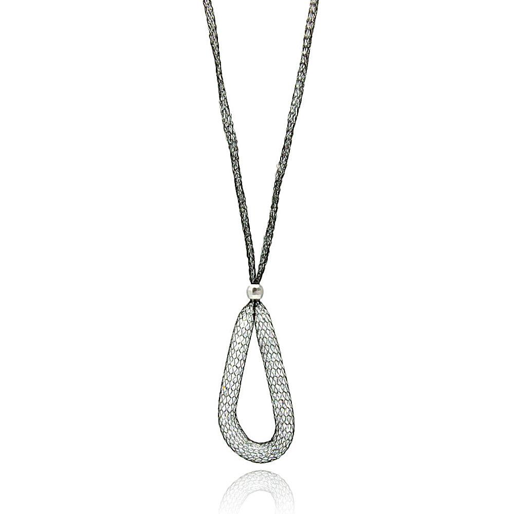 Black Rhodium Plated 925 Sterling Silver Mesh Necklace and Dropped Mesh Teardrop with Filled CZ