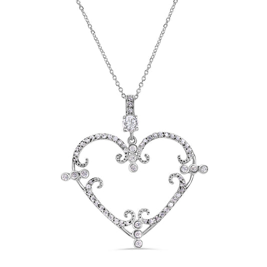 Rhodium Plated 925 Sterling Silver Open CZ Filigree Heart Necklace