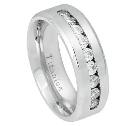 White IP Plated Titanium Ring Brushed Center Shiny Beveled Edge with 9 Channel set CZs