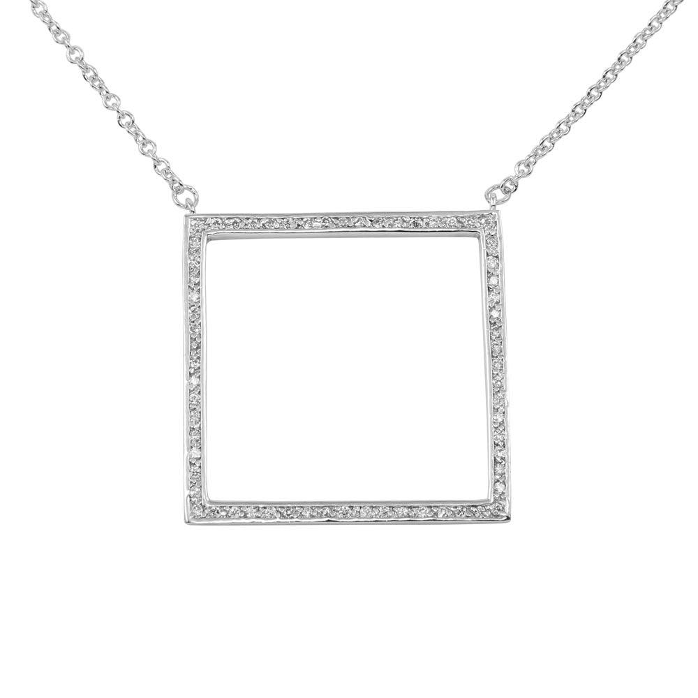 Rhodium Plated 925 Sterling Silver Large Open Square Pendant Necklace with CZ