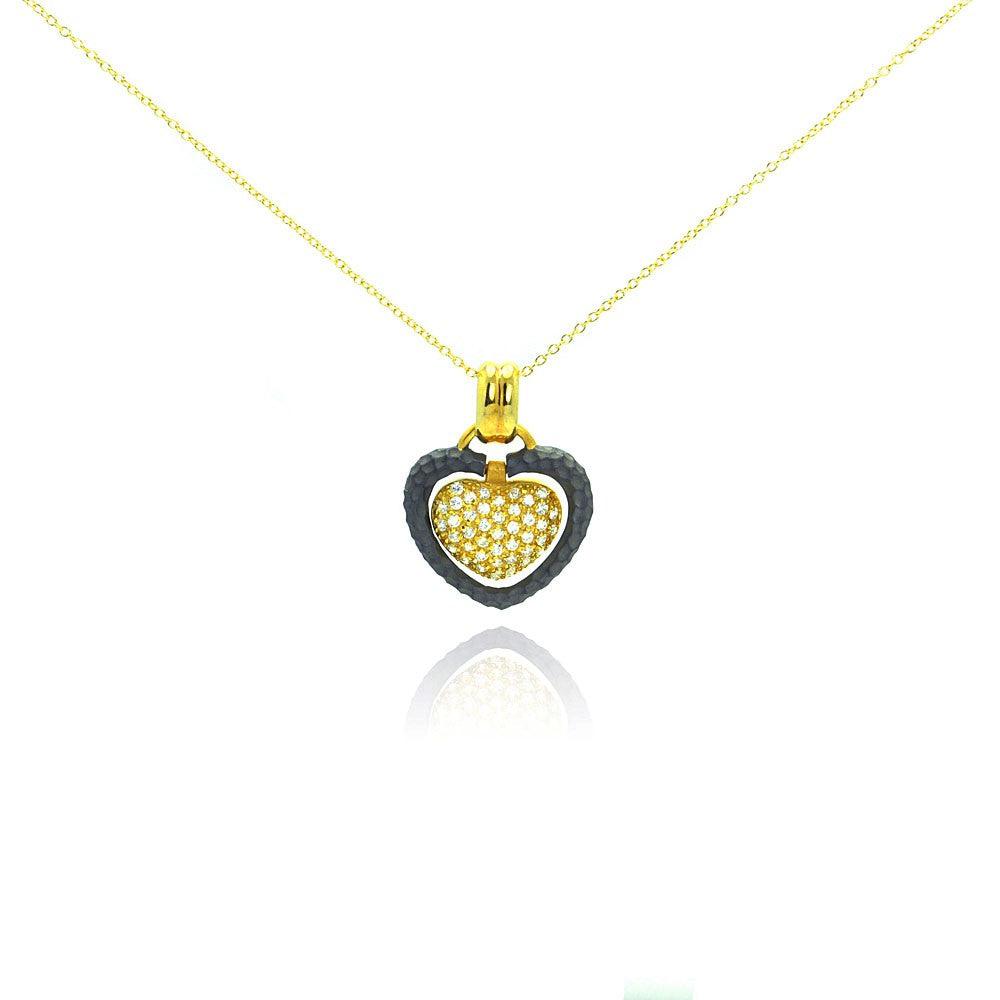 Silver 925 Gold Plated and Matte Black Rhodium Finish Clear CZ Heart Pendant Necklace