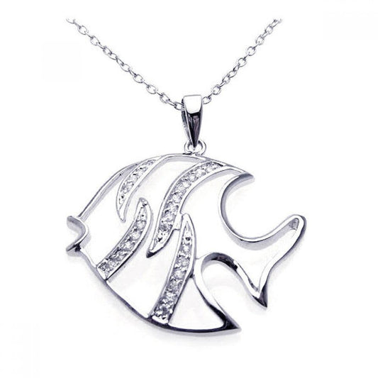 Silver 925 Rhodium CZ White Enamel Fish Necklace