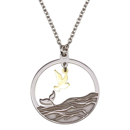 925 Sterling Silver Two Toned Whale Tail and Bird Pendant Necklace