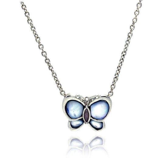 Silver 925 Rhodium Plated MOP Blue Butterfly Pendant Necklace