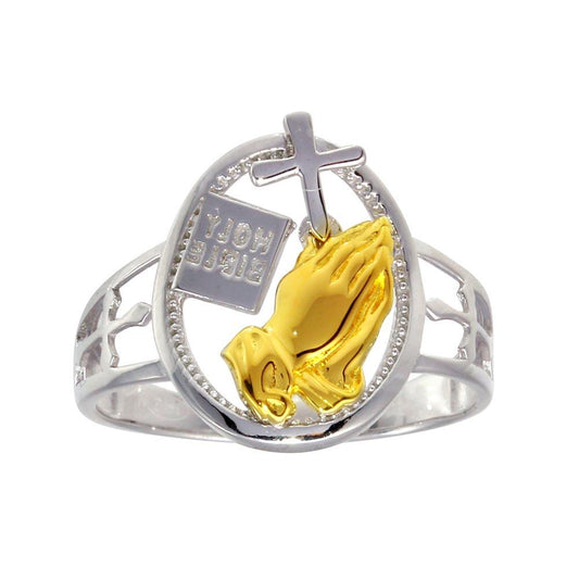 2 Toned Plated 925 Sterling Silver Praying Hand with Cross Ring