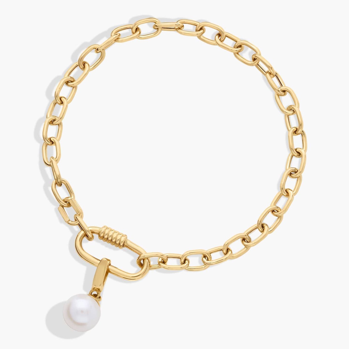 Yellow Gold Link Bracelet with Carabiner Lock and Freshwater Pearl Charm