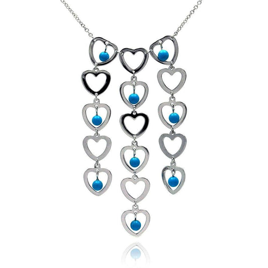 Silver 925 Rhodium Plated Multi Heart Strand Turquoise Bead CZ Pendant Necklace