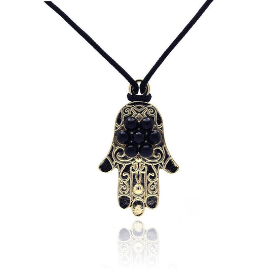 Silver 925 Gold and Rhodium Plated Black Hamsa CZ Necklace