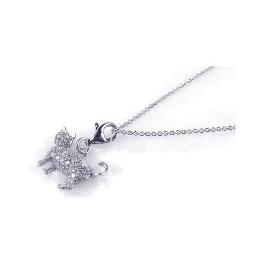 Silver 925 Rhodium Plated Clear CZ Cat Pendant Necklace