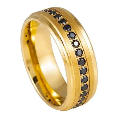 Yellow Gold IP Plated Prong Set Black CZ Eternity