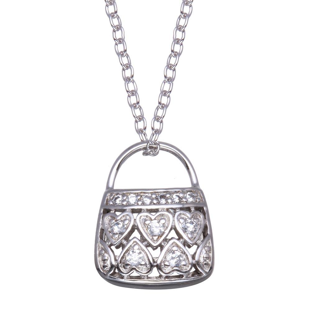 Rhodium Plated 925 Sterling Silver Clear CZ Purse Necklace