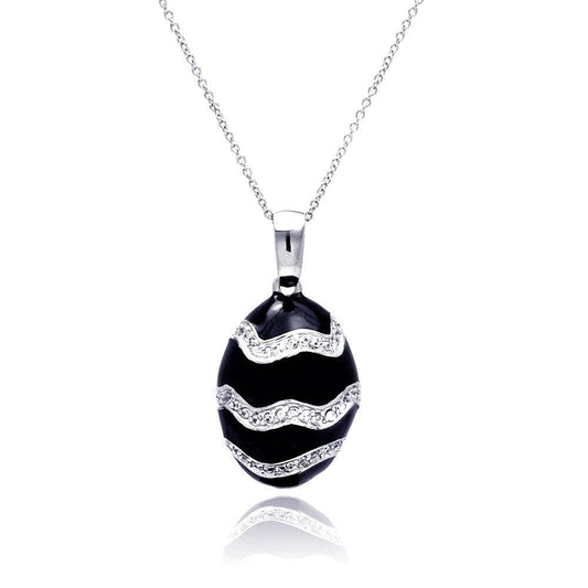 Silver 925 Rhodium Plated Onyx Egg-shaped Pendant Necklace