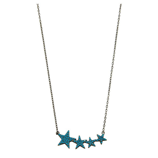 Black Rhodium Plated 925 Sterling Silver Four Star Necklace with Turquoise CZ Stones