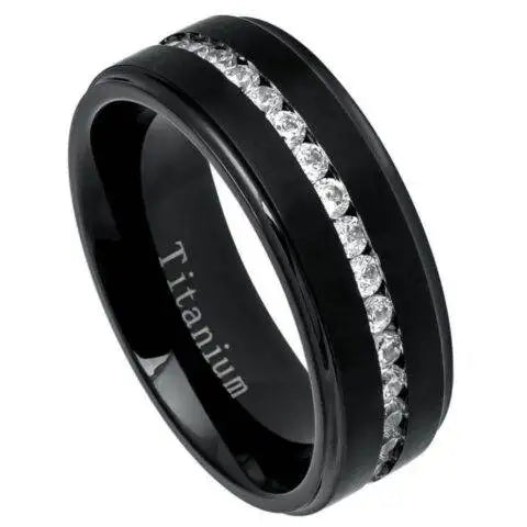 Black IP Plated Titanium Ring Brushed Center Shiny Stepped Edge with Eternity Style CZs