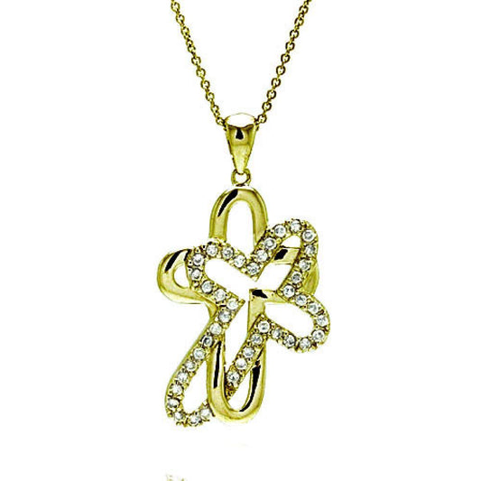 Silver 925 Clear CZ Gold Plated Double Cross Pendant Necklace