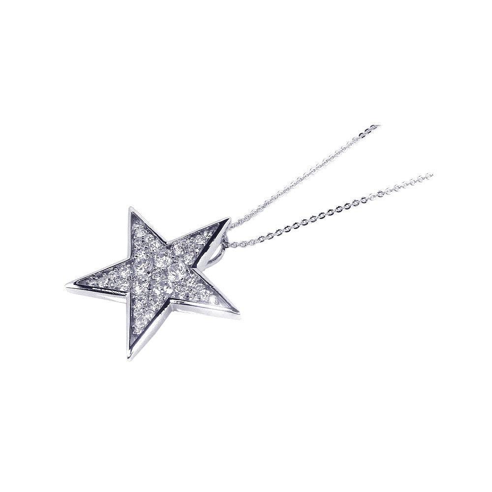 Silver 925 Clear CZ Rhodium Plated Star Pendant Necklace