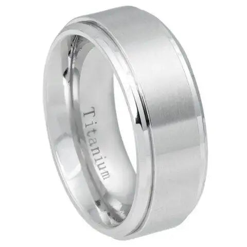 White IP Plated Titanium Ring Brushed Center, Shiny Stepped Edge