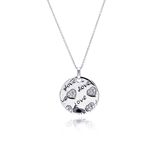 Silver 925 Rhodium Plated Clear CZ Love Heart Round Pendant Necklace