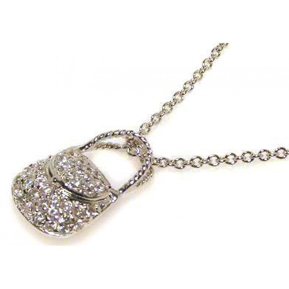 Silver 925 Clear CZ Rhodium Plated Hand Bag Pendant Necklace