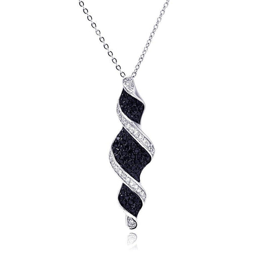 Silver 925 Black and Clear CZ Black and Rhodium Plated Twist Drop Pendant Necklace