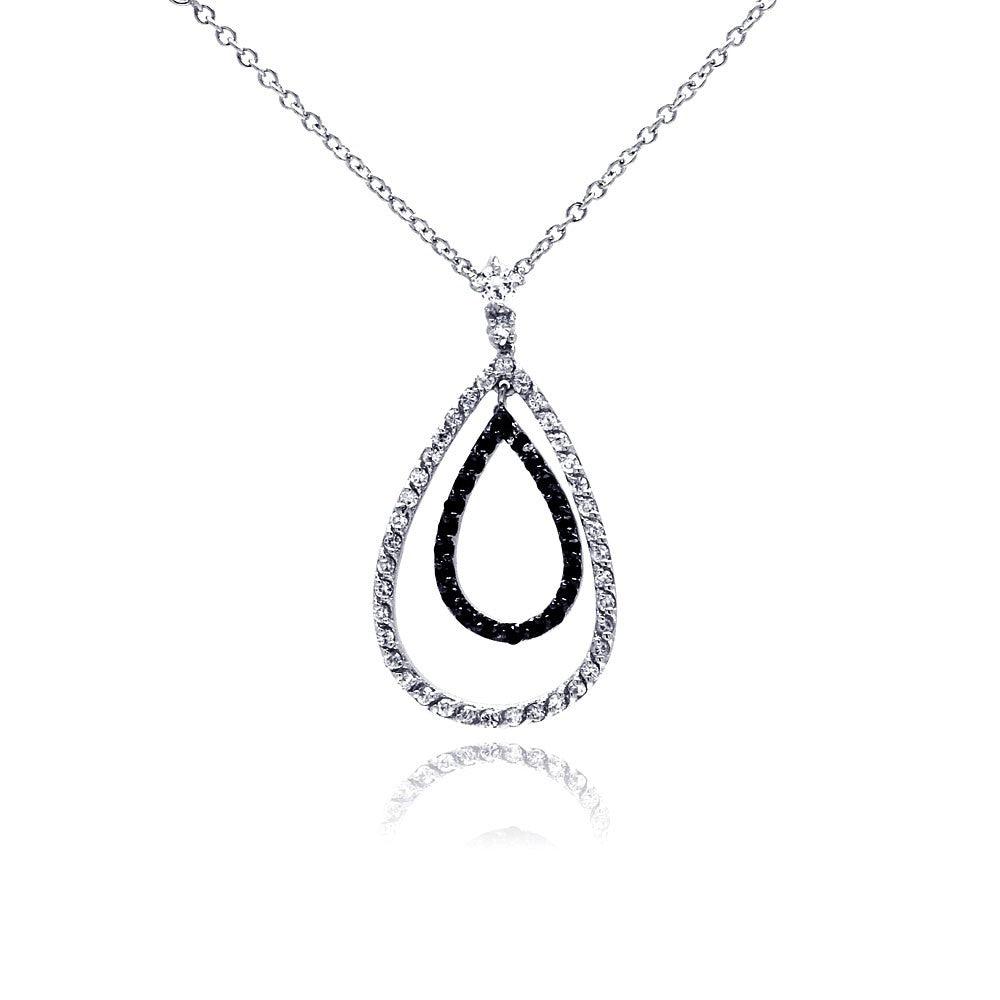 Silver 925 Rhodium and Black Rhodium Plated Clear and Black CZ Open Teardrop Pendant Necklace