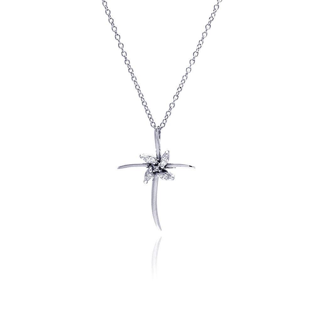 Silver 925 Clear CZ Rhodium Plated Cross Pendant Necklace