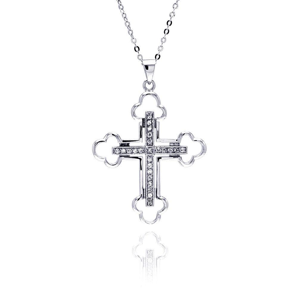 Silver 925 Clear CZ Rhodium Plated Cross Pendant Necklace