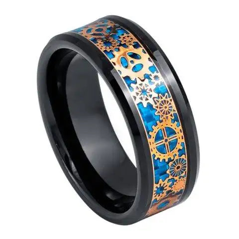 Black & Rose Gold IP Plated Steampunk Gear over Blue Carbon Fiber Inlay