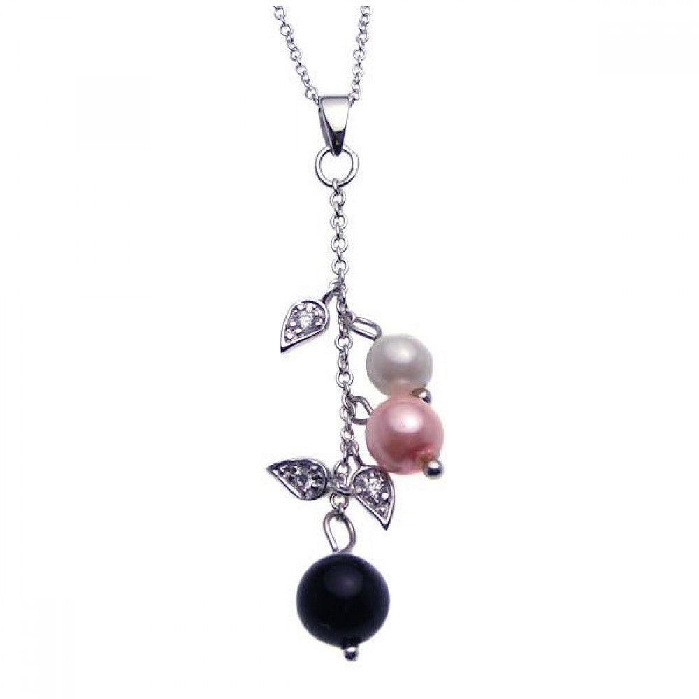 Silver 925 Rhodium Plated Clear CZ Pearls Flower Pendant Necklace