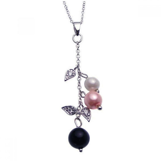 Silver 925 Rhodium Plated Clear CZ Pearls Flower Pendant Necklace